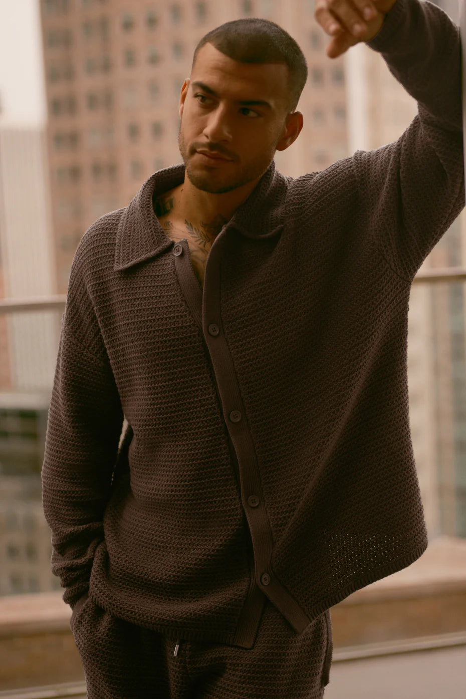 Shift Knit Button Up Long Sleeve - Espresso